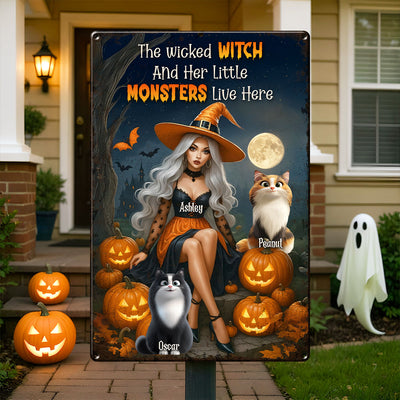 The Wicked Witch and Her Little Monster Live Here Personalized Metal Sign, Halloween Decor for Cat Lovers