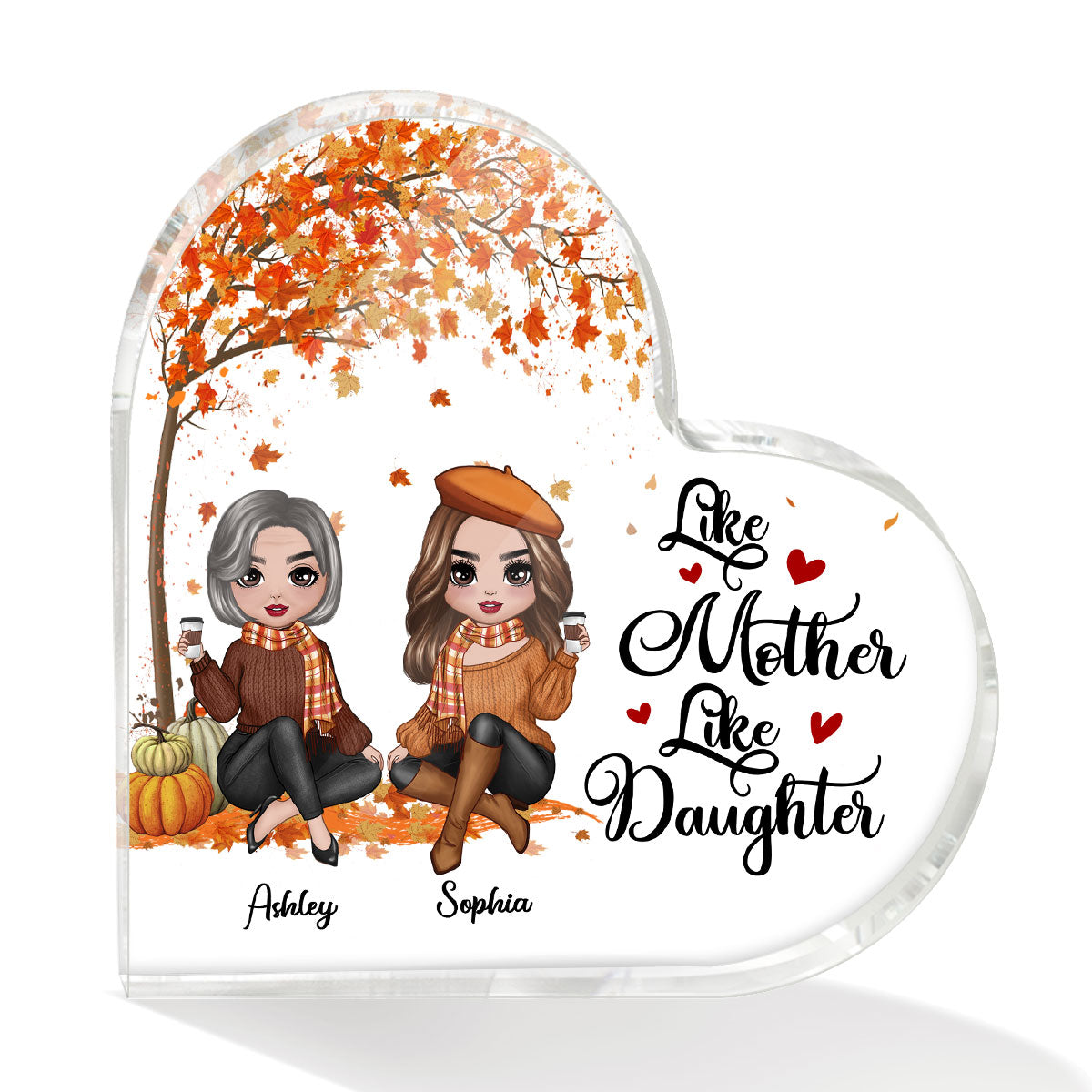 Fall Season Doll Mom Daughters Sitting Under Tree Personalized Acrylic Heart Plaque