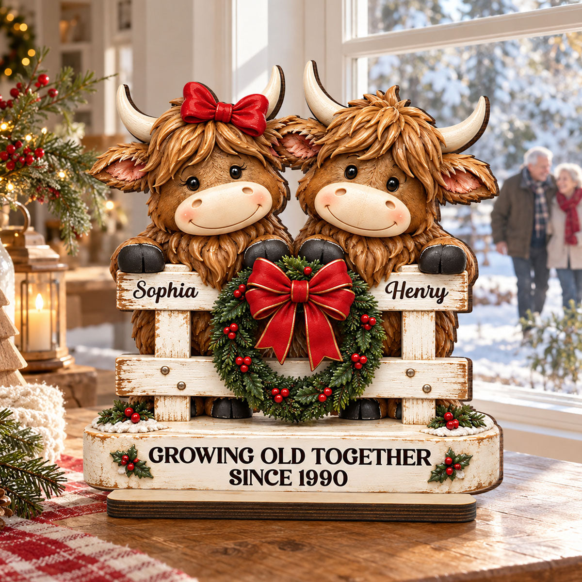 Happy Highland Cows Couple Christmas Fence - Personalized 2-Layered Wooden Plaque - Christmas Gift For Couple
