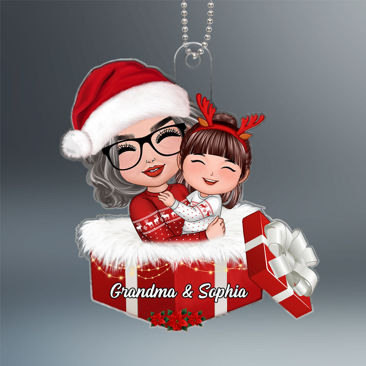 Doll Grandma Hugging Grandkid In Gift Box Christmas Gift For Granddaughter Grandson Personalized Acrylic Ornament