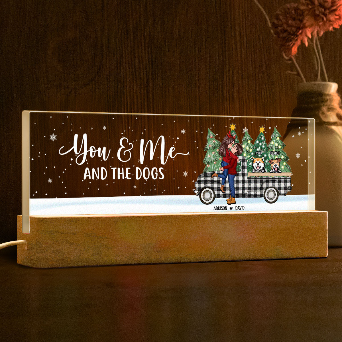 You Me And The Dogs Christmas Truck Personalized Acrylic Block LED Night Light, Christmas Gift for Couples