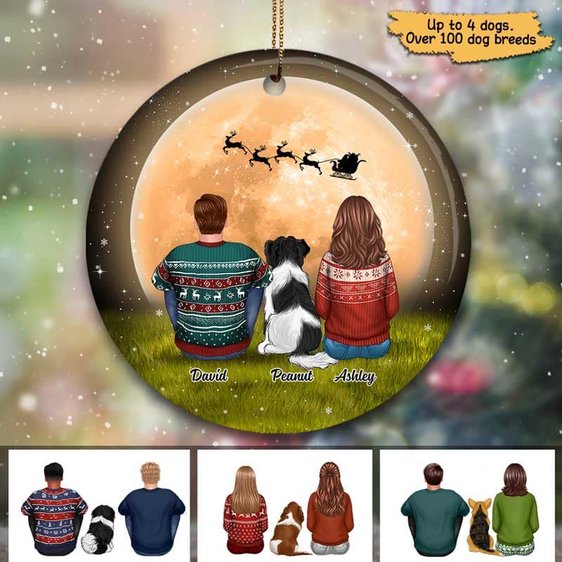 Couple Sitting With Dogs In Moonlight Personalized Circle Ornament