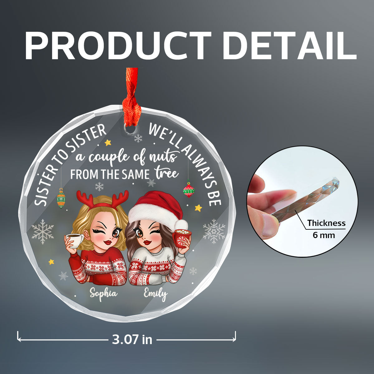 Sister To Sister Couple Of Nuts Sassy Girls Christmas Personalized Glass Ornament, Funny Christmas Gift For Sisters