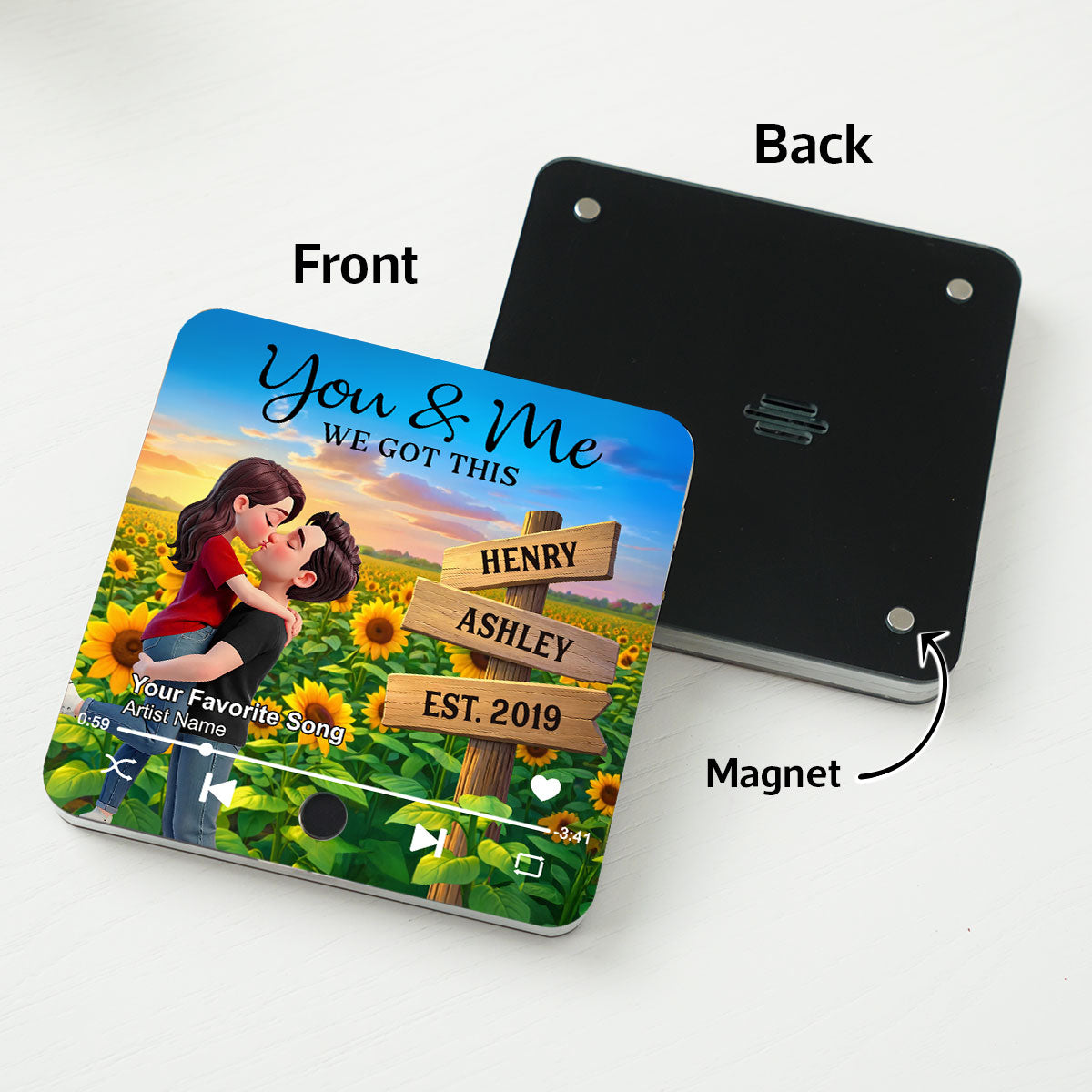 Everlasting Love Couple Hugging Kissing Sunflower Field Sign Posts - Personalized Music Fridge Magnet - Valentine's Day Gift For Couple