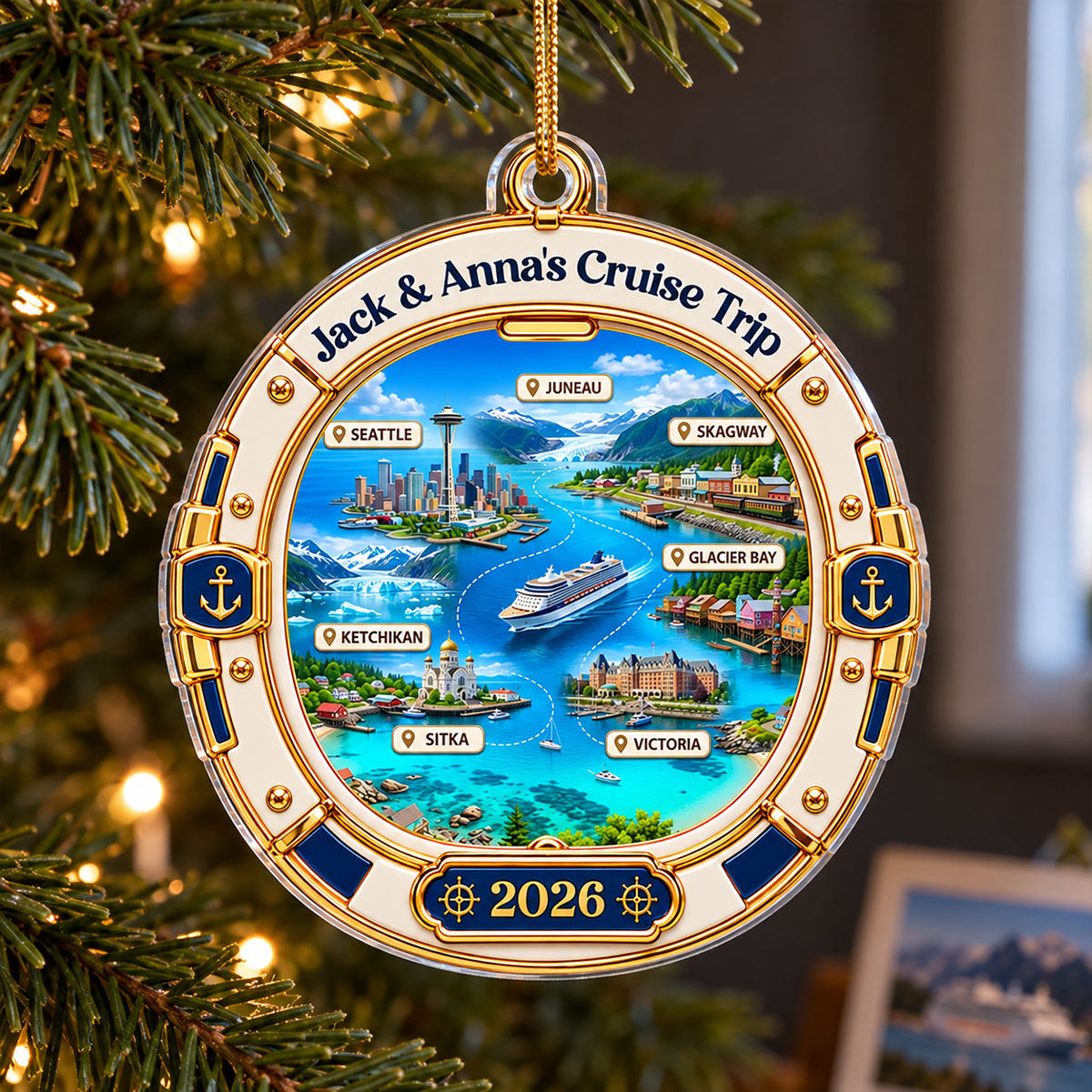 Cruise Destinations Porthole 2D Flat Printed - Personalized Acrylic Ornament - Cruise Trip Keepsake, Christmas Tree Decor For Family, Couples