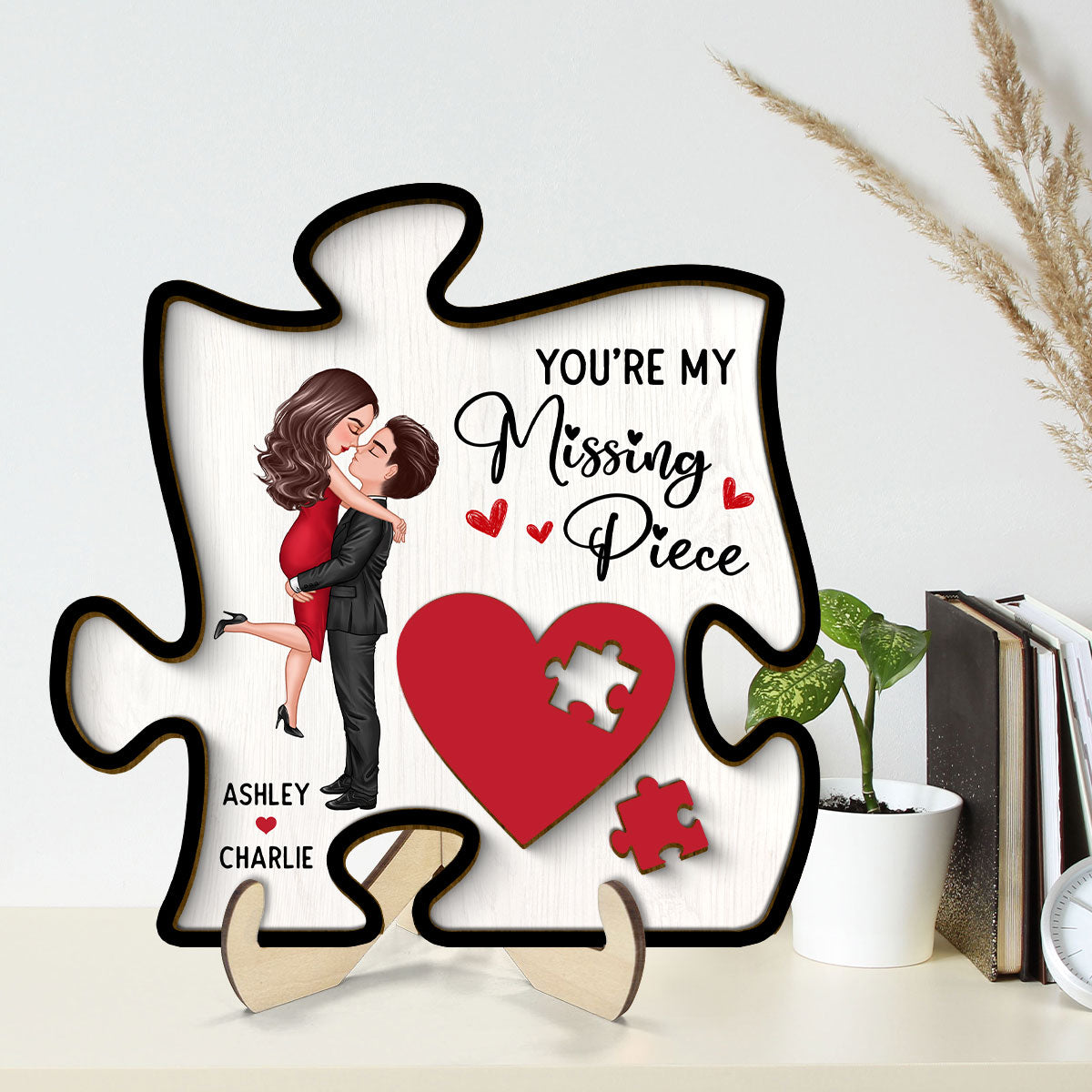 Couple Missing Piece Red Heart In Puzzle Shape Personalized 2-layer Wooden Plaque