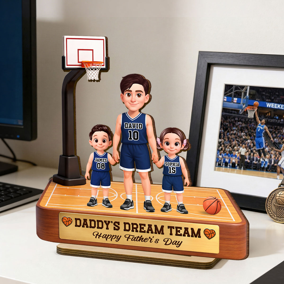 Basketball Daddy's Dream Team - Personalized 2-Layered Wooden Plaque - Father's Day Gift For Dad, Husband