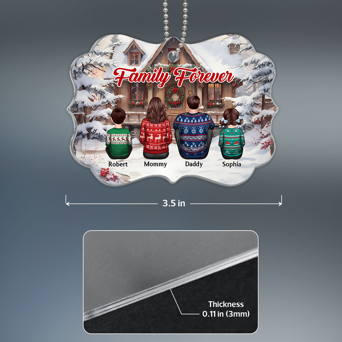 Snow House Back View Family Sitting Personalized Acrylic Ornament