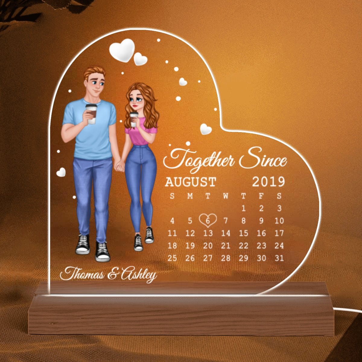 Cartoon Couple Hand In Hand Calendar Anniversary Date Personalized Heart Shaped Acrylic Plaque With LED Night Light
