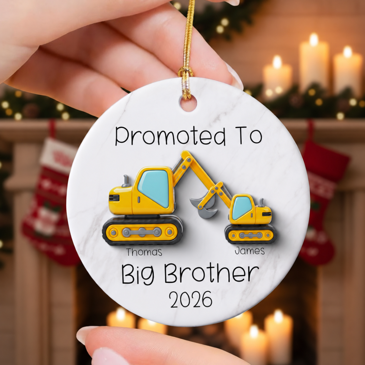 Promoted To Big Brother Big Sister 3D Effect Excavator - Personalized Ceramic Ornament - Proud New Big Siblings Gift