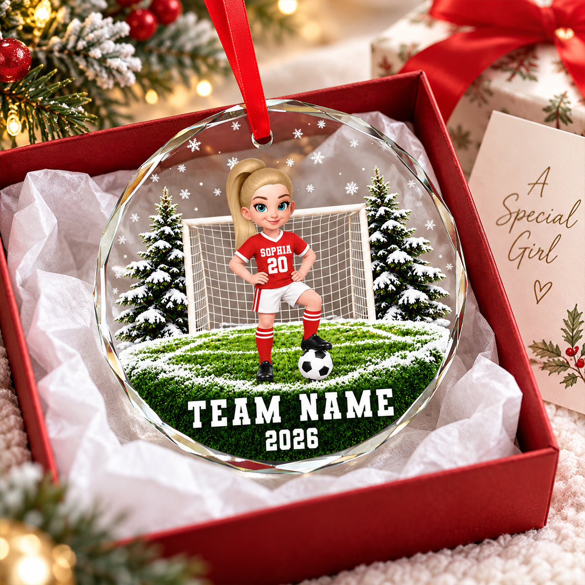 Soccer Player 2D Flat - Personalized Glass Ornament – Custom Boy & Girl Soccer Christmas Keepsake, Team Name & Year, Gift for Soccer Lovers