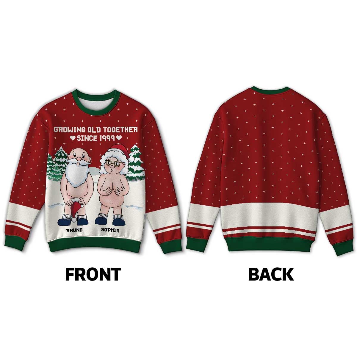 Funny Old Couple Growing Old Together Personalized Faux Knitting Ugly Sweater