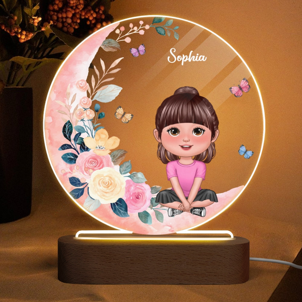 Baby Girl Gift Watercolor Flower Moon Personalized Circle Acrylic LED Night Light