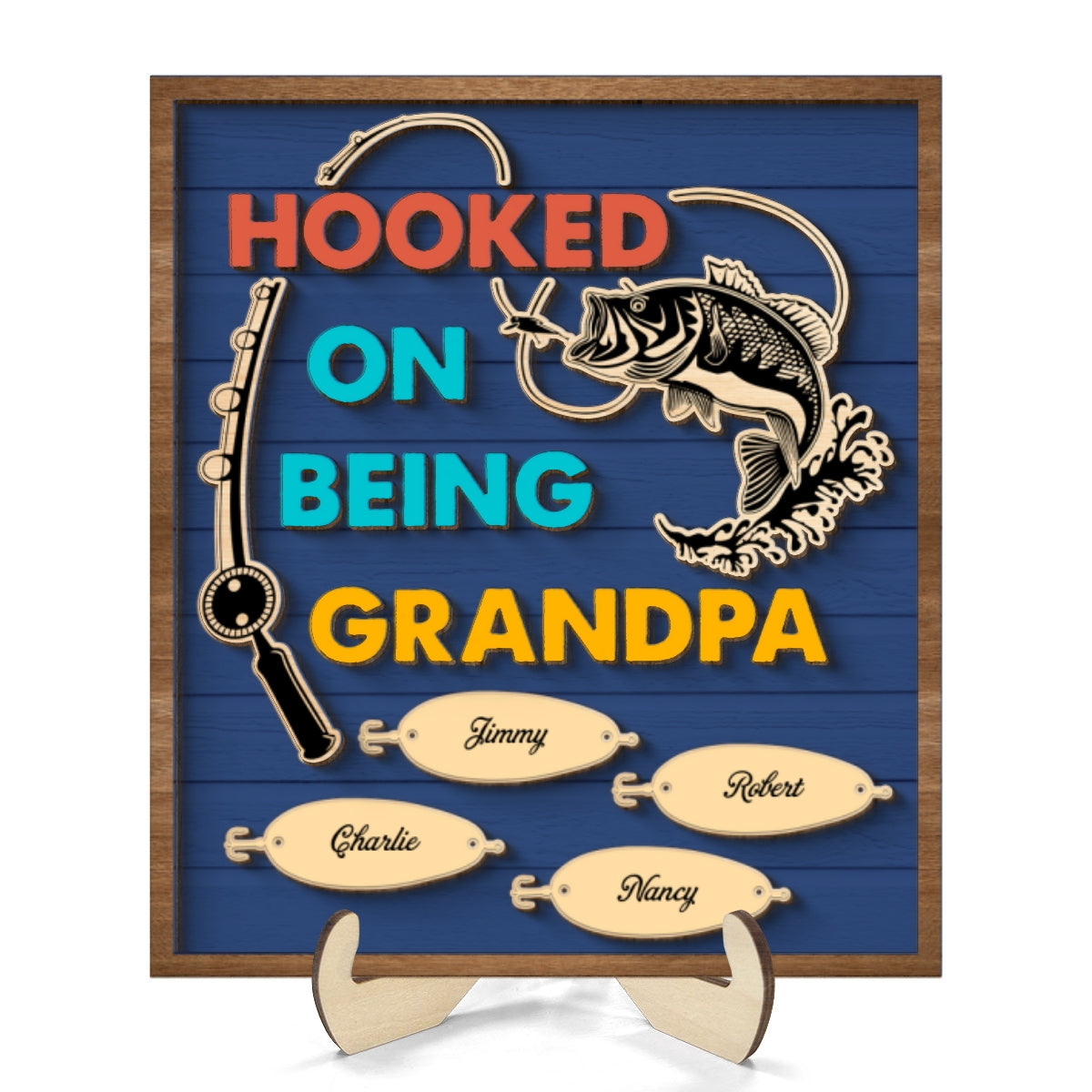 Hooked On Being Grandpa Fishing Personalized 2-Layer Wooden Plaque