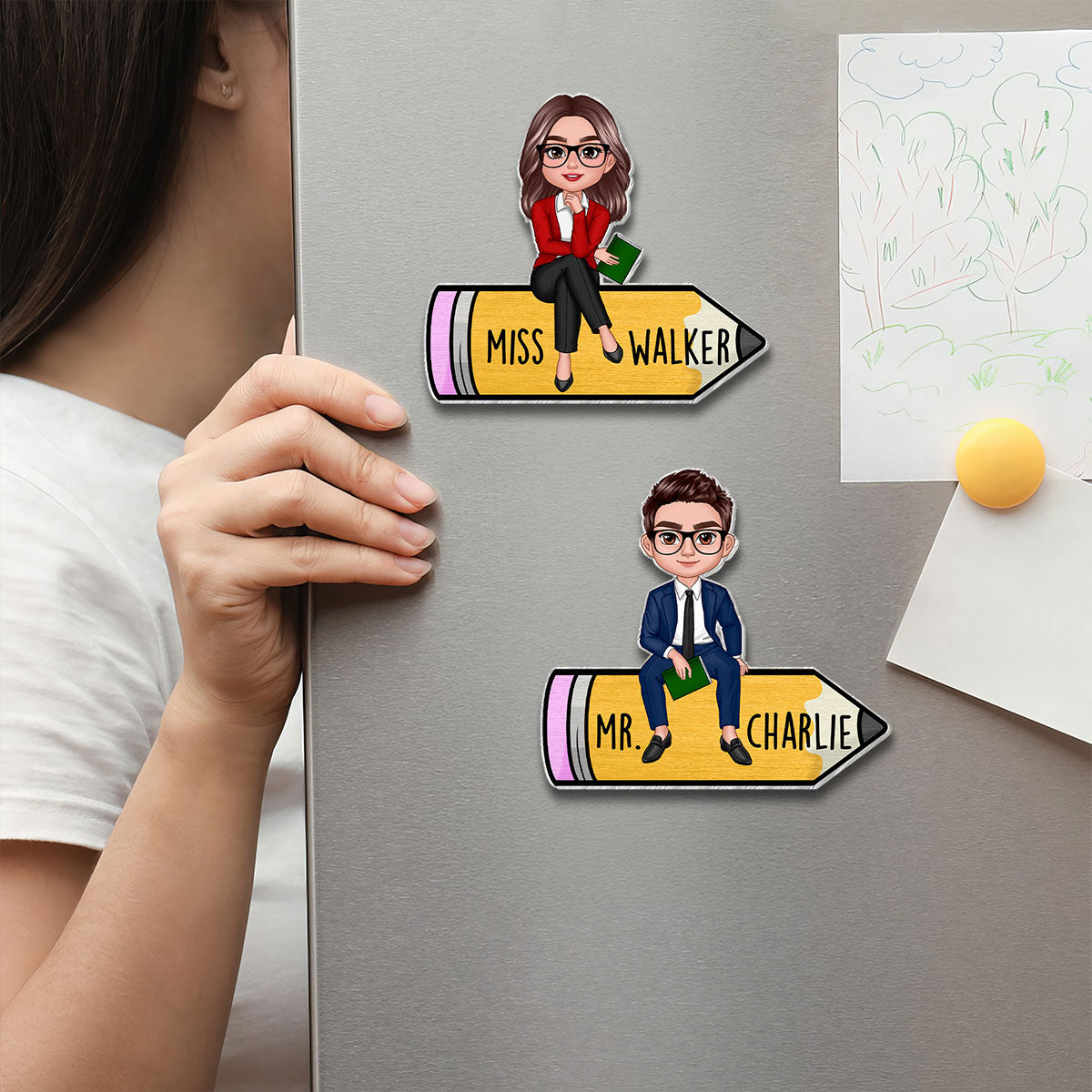 Teacher Sitting On Pencil Personalized Whiteboard Magnet, Classroom Decor