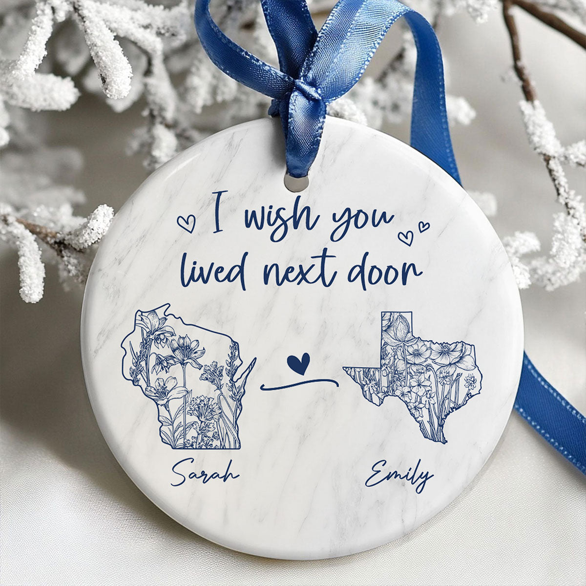 Wish You Lived Next Door Blue Floral State Map Personalized Long Distance Friendship Ornament, Moving Away Gift