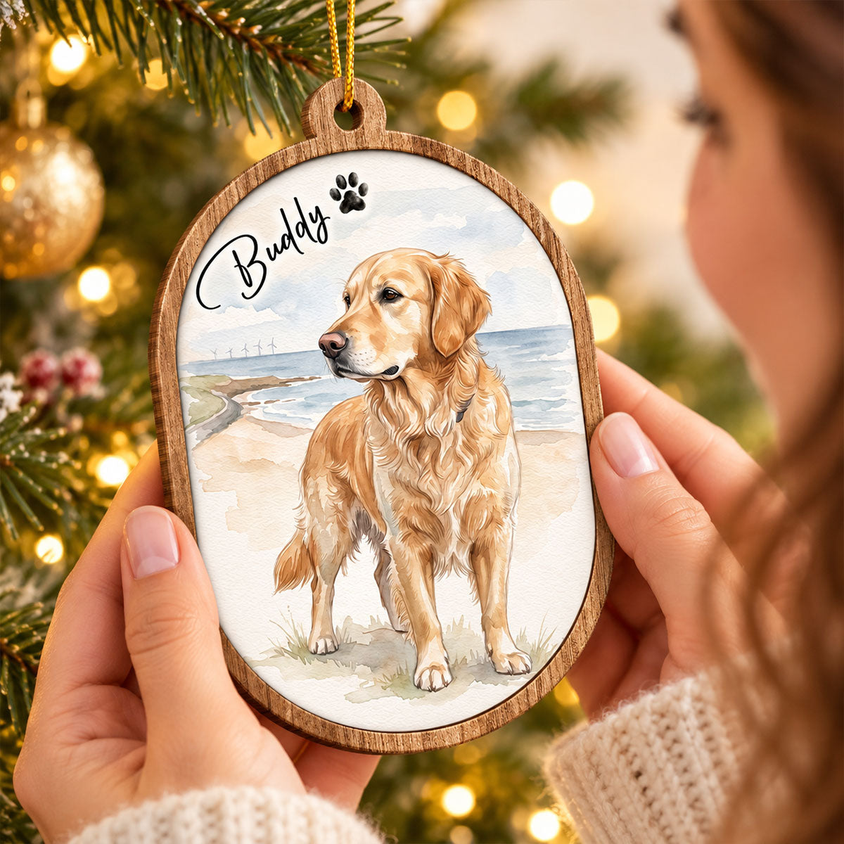 Custom Dog Cat Watercolor Portrait from Photo - Personalized Wooden Ornament - Christmas Gift for Dog Lovers, Memorial Gift