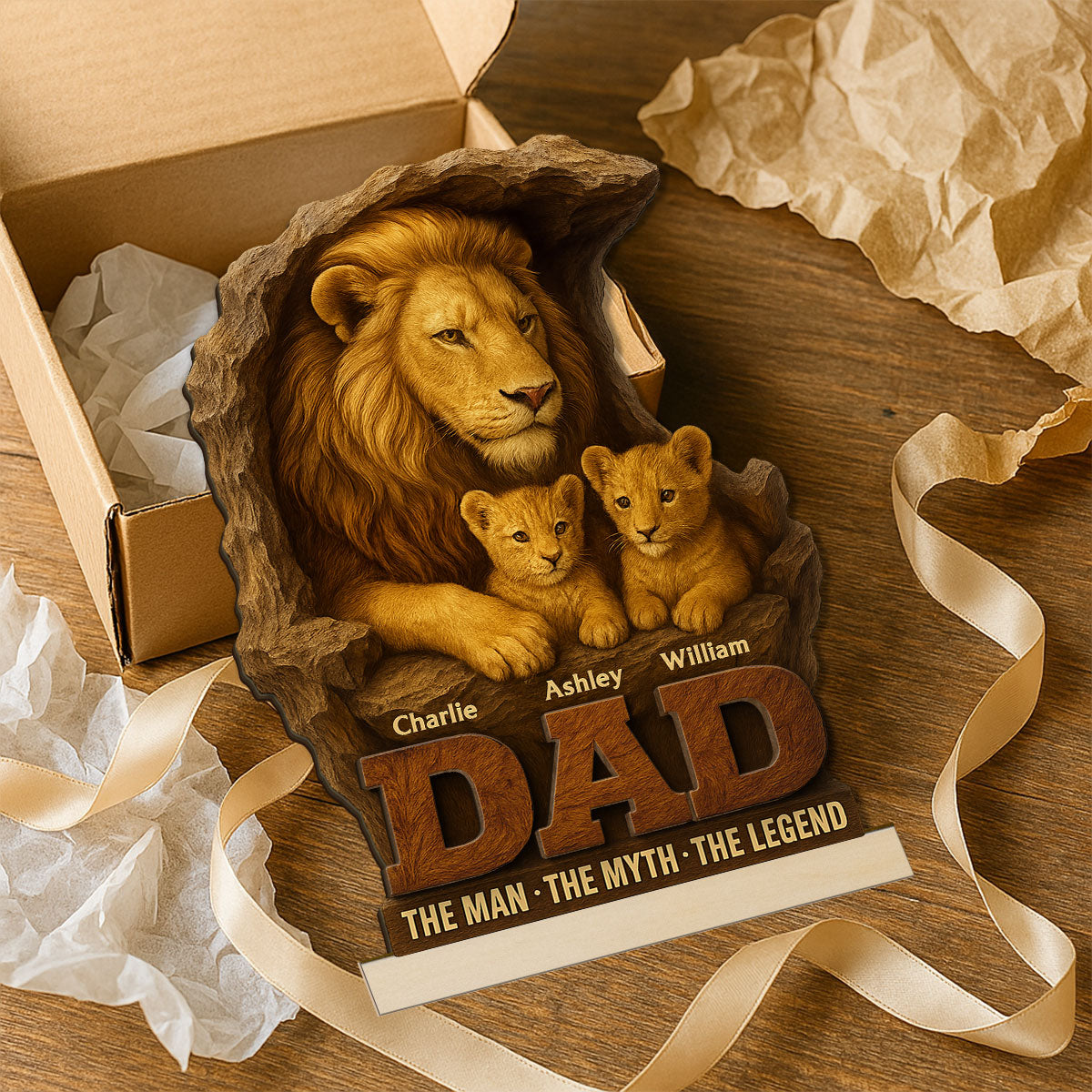 Lion Dad And Kids Personalized 2- Layer Standing Wooden Plaque, Unique Father's Day Gift For Dad