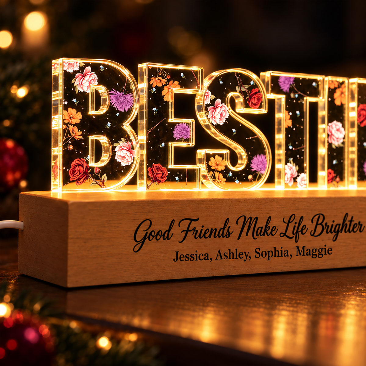 Besties Forever Together Custom Birth Month Flowers - Personalized Acrylic Plaque LED Night Light - Christmas Gift Best Friends, Besties
