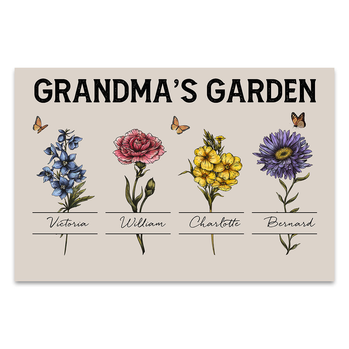 Gift For Grandma Grandma‘s Garden Beautiful Vintage Birth Month Flower With Names Personalized Horizontal Poster