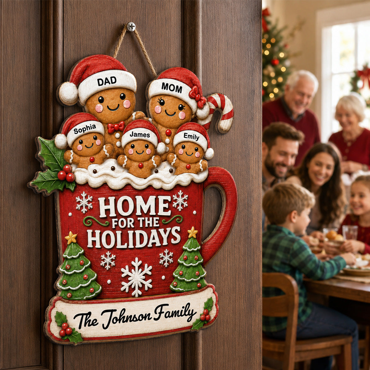 Gingerbread Family In Hot Cocoa 2D Flat - Personalized Wood Sign - Christmas Decor For Family
