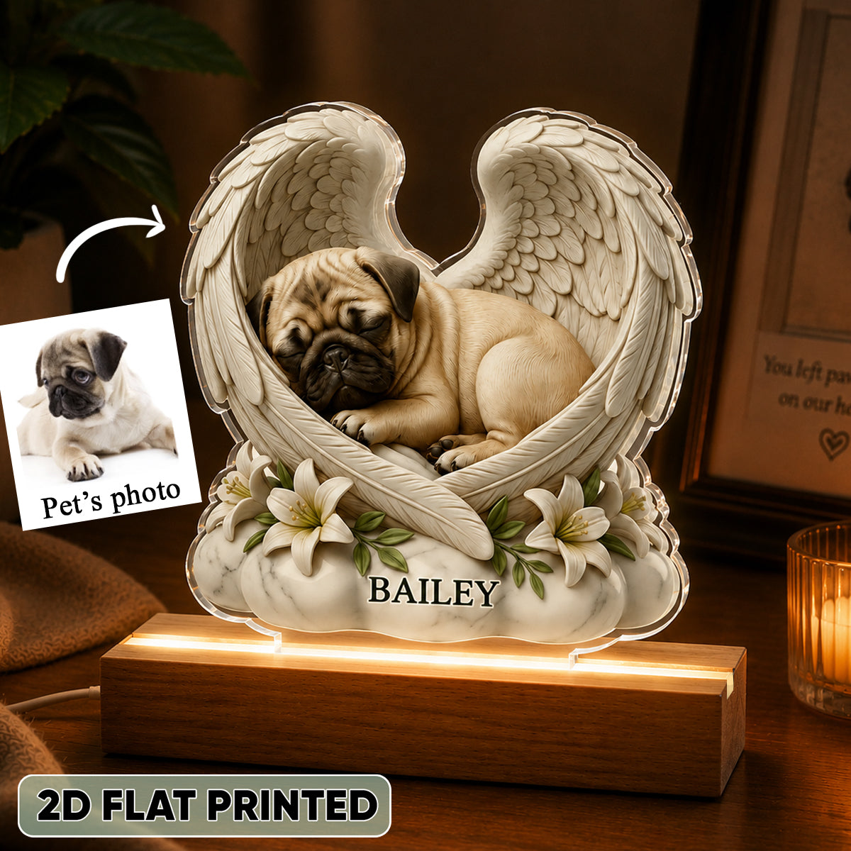 Custom Dog Cat Angel Wings Statue - Personalized Acrylic Block LED Night Light - Heartfelt Pet Memorial Gift