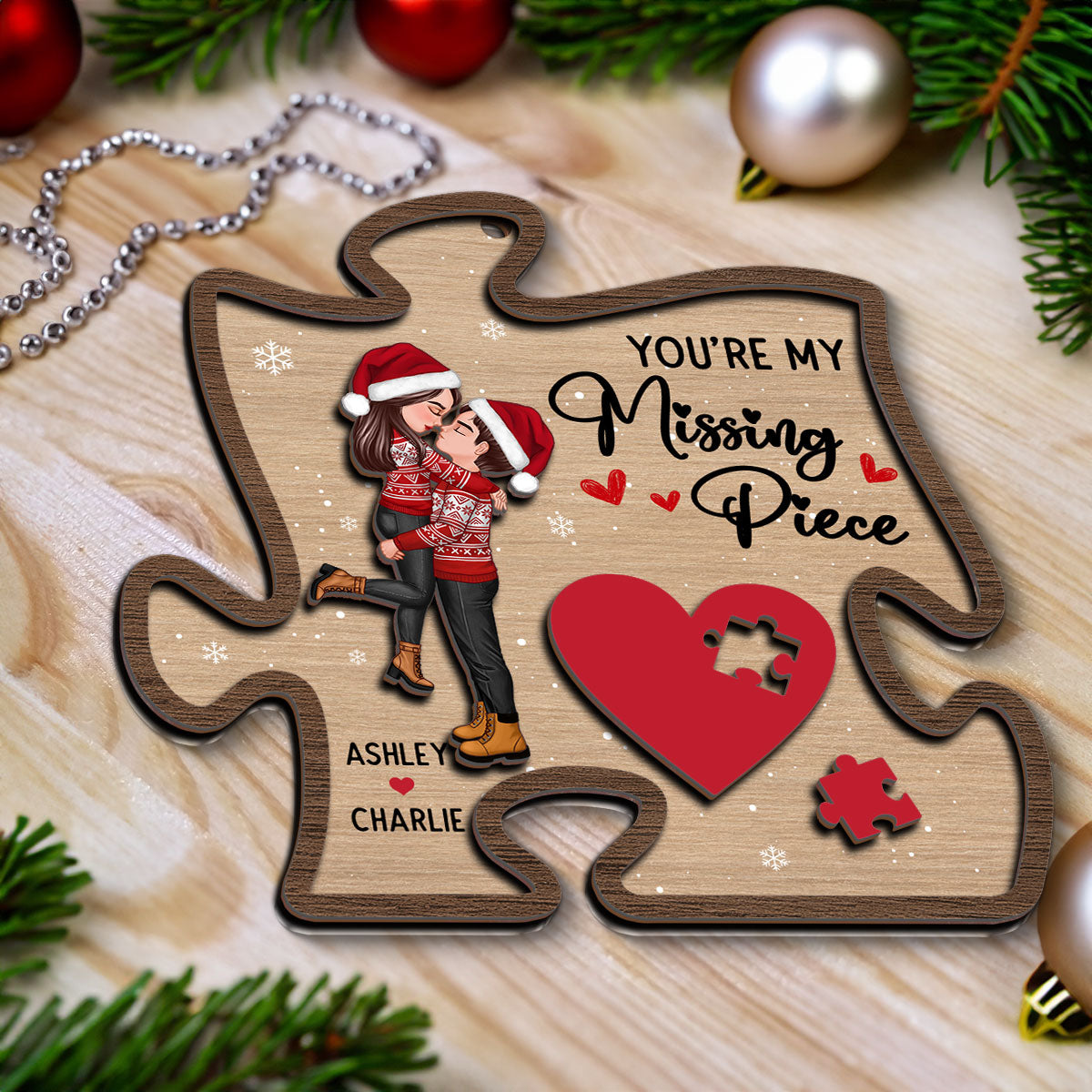 My Missing Piece Couple Hugging Kissing Christmas Personalized 2-Layer Wooden Ornament
