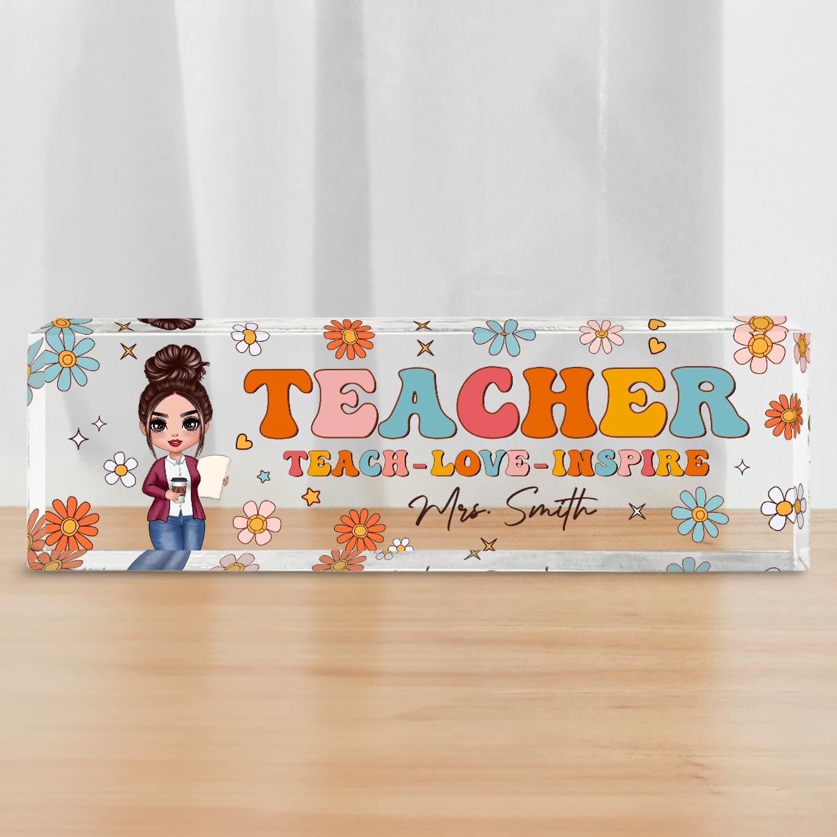 Teacher Groovy Flower Personalized Acrylic Desk Name Plate, Gift For Teacher, Office Decor