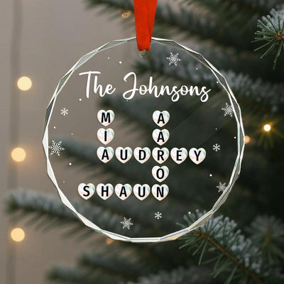 Unique Family Decor Beautiful Heart Crossword Puzzle Art Personalized Glass Ornament, Christmas Keepsake