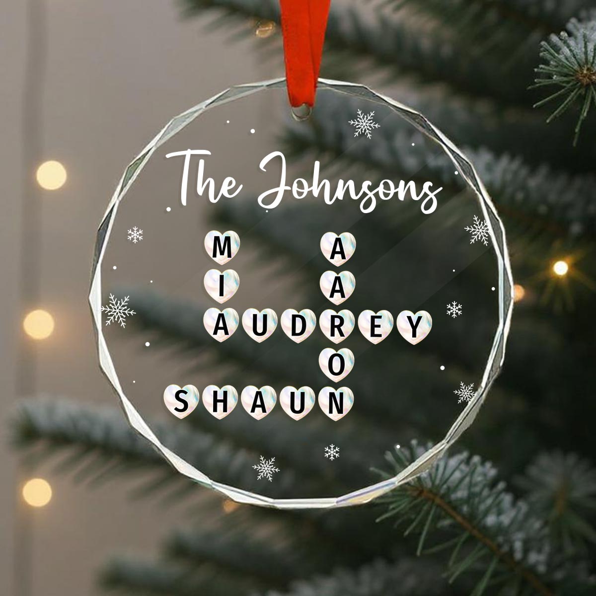 Unique Family Decor Beautiful Heart Crossword Puzzle Art Personalized Glass Ornament, Christmas Keepsake