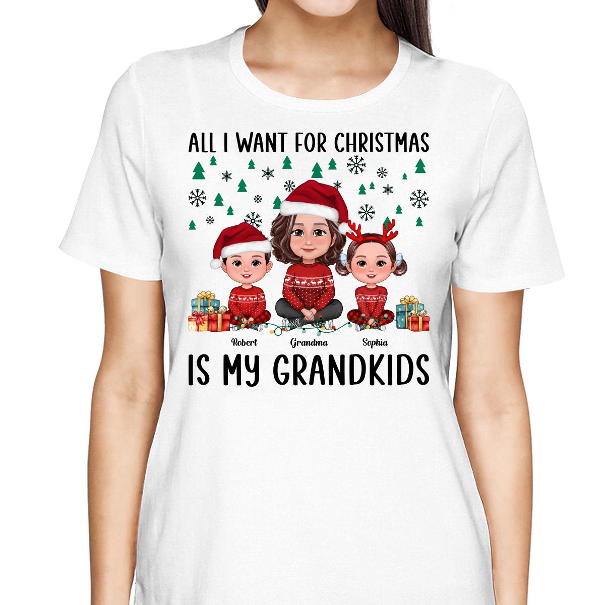 All I Want For Christmas Is My Grandkids Green Snow Flake Pine Tree Personalized Shirt