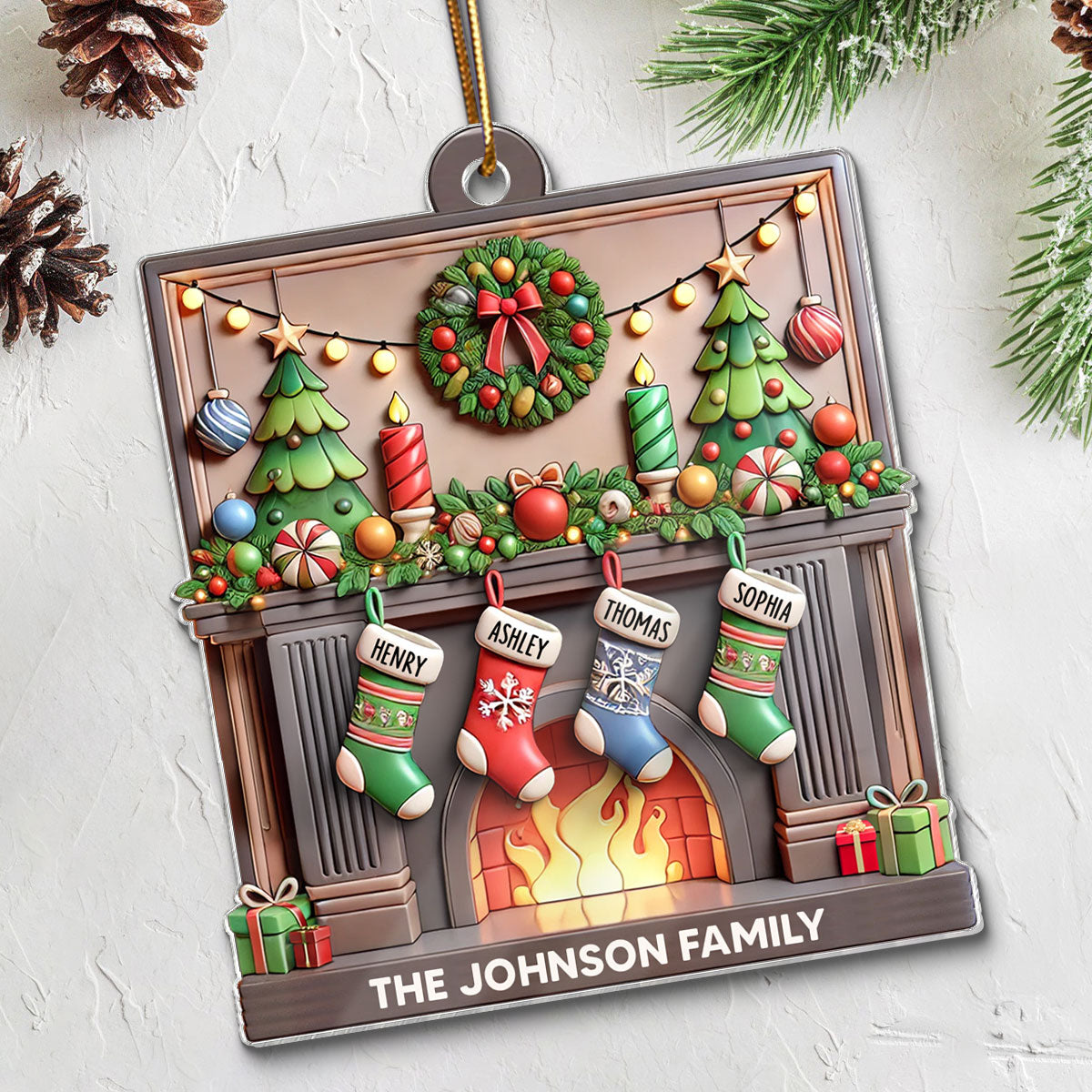 3D Family Christmas Stockings On Festive Mantel Personalized Acrylic Ornament