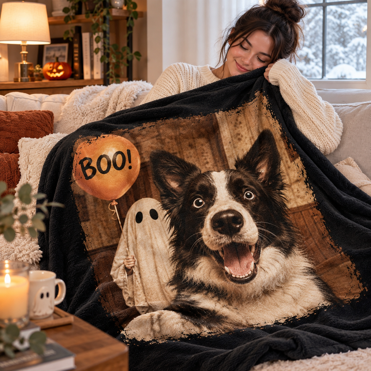Custom Dog Cat Photo Halloween - Personalized Fleece Blanket - Trendy Vintage Spooky Tee for Pet Moms