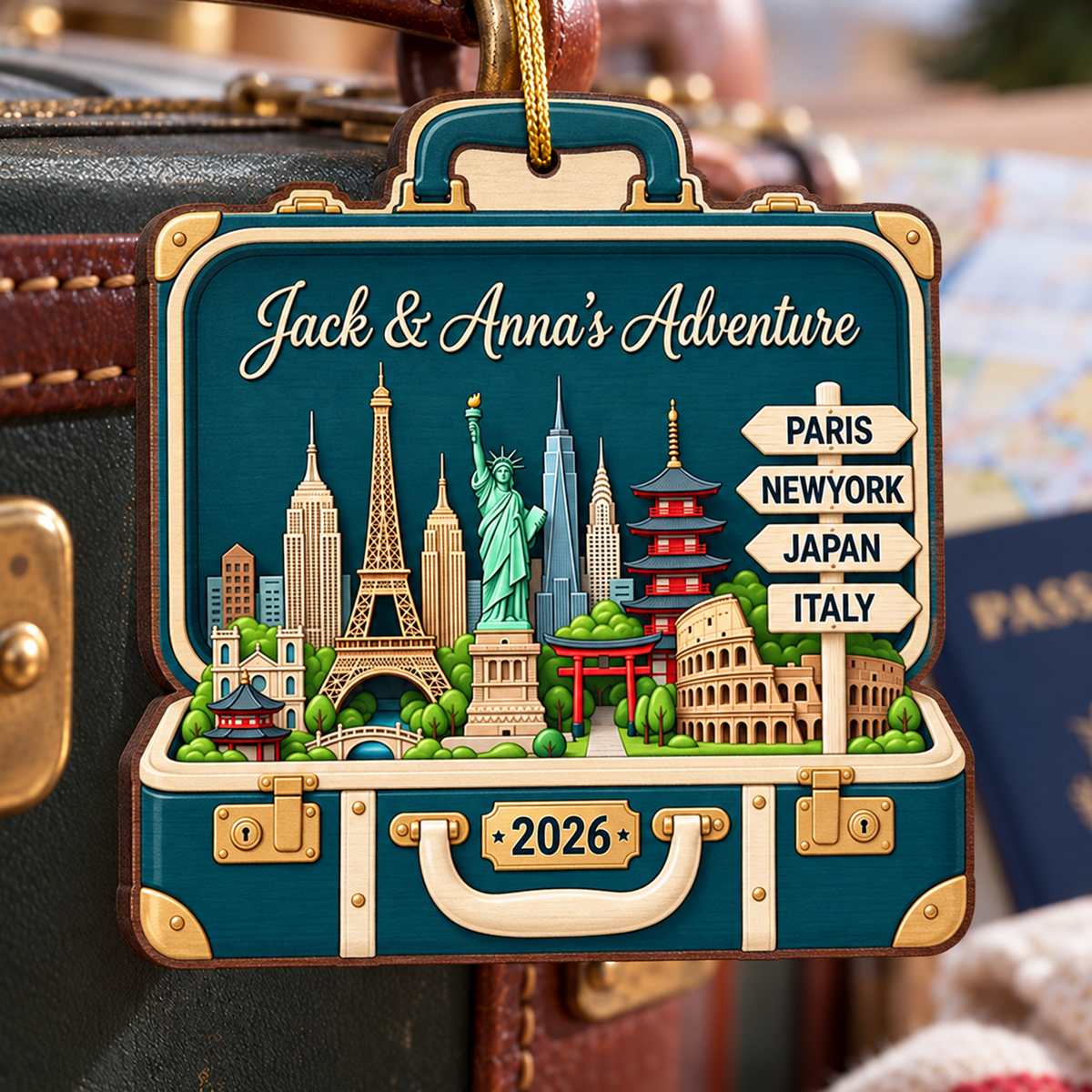 Custom Travel Adventure Suitcase 2D Flat Printed - Personalized Wooden Ornament - Traveling Destination Keepsake, Christmas Gift For Traveling Lovers