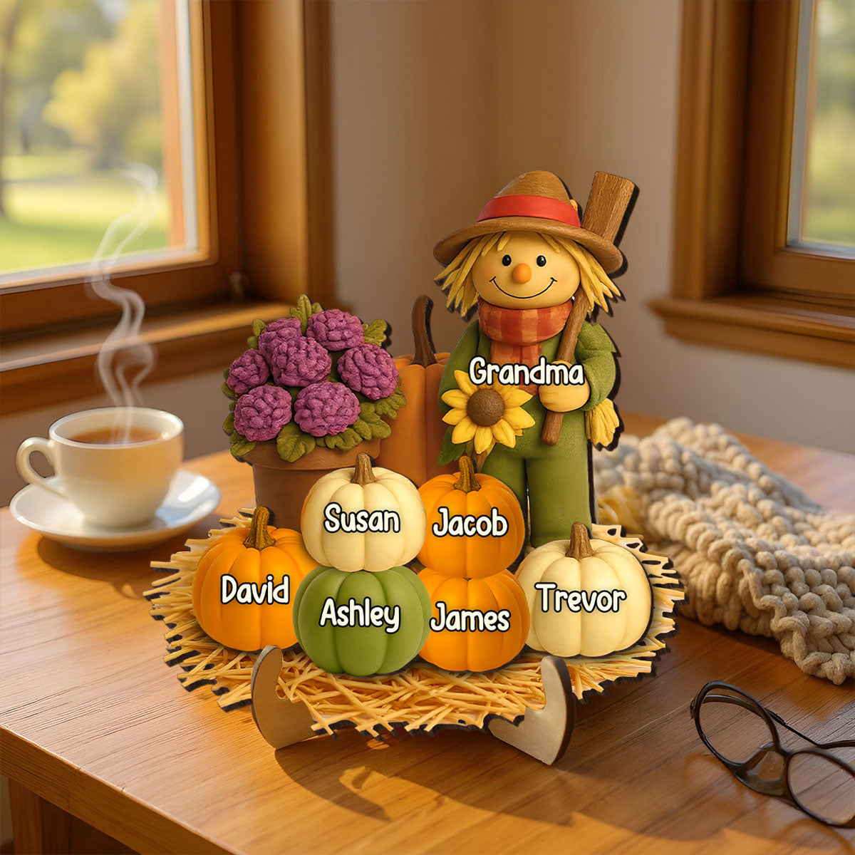 Fall Scarecrow Grandma with Pumpkins Grandkids Names 3D Effect - Personalized 2-Layered Wooden Plaque