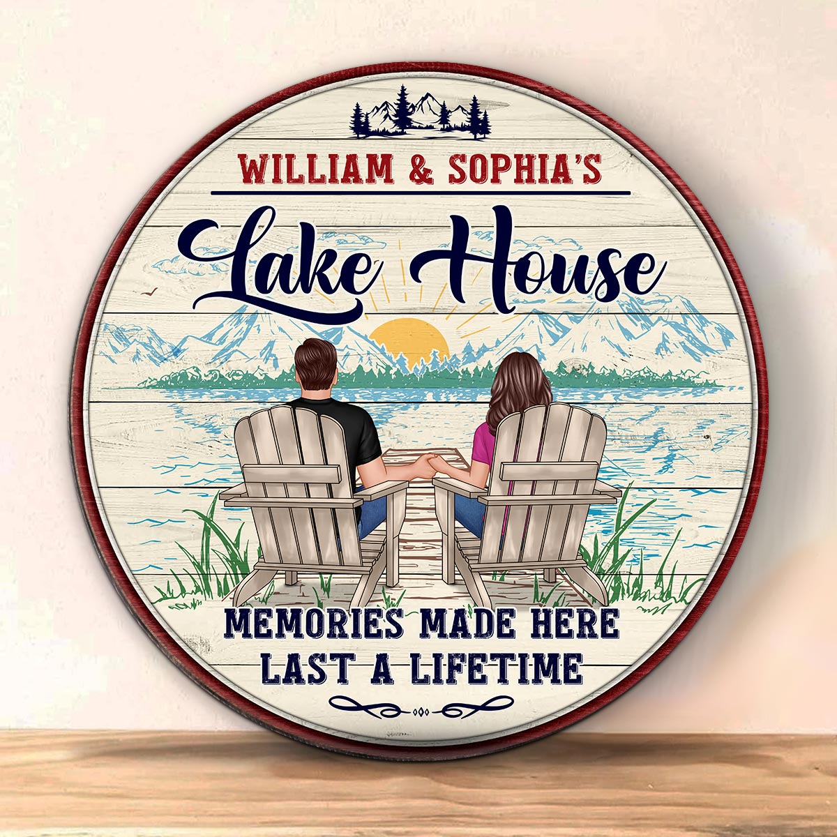 Memories Made Lake House Couple Sitting Personalized Wood Sign