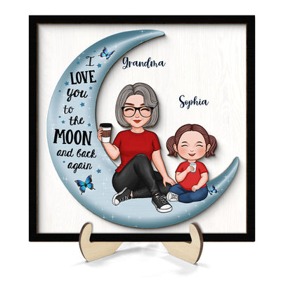 Cute Grandma & Grandkid On Moon Gift For Granddaughter Grandson Grandma Personalized 2-Layer Wooden Plaque