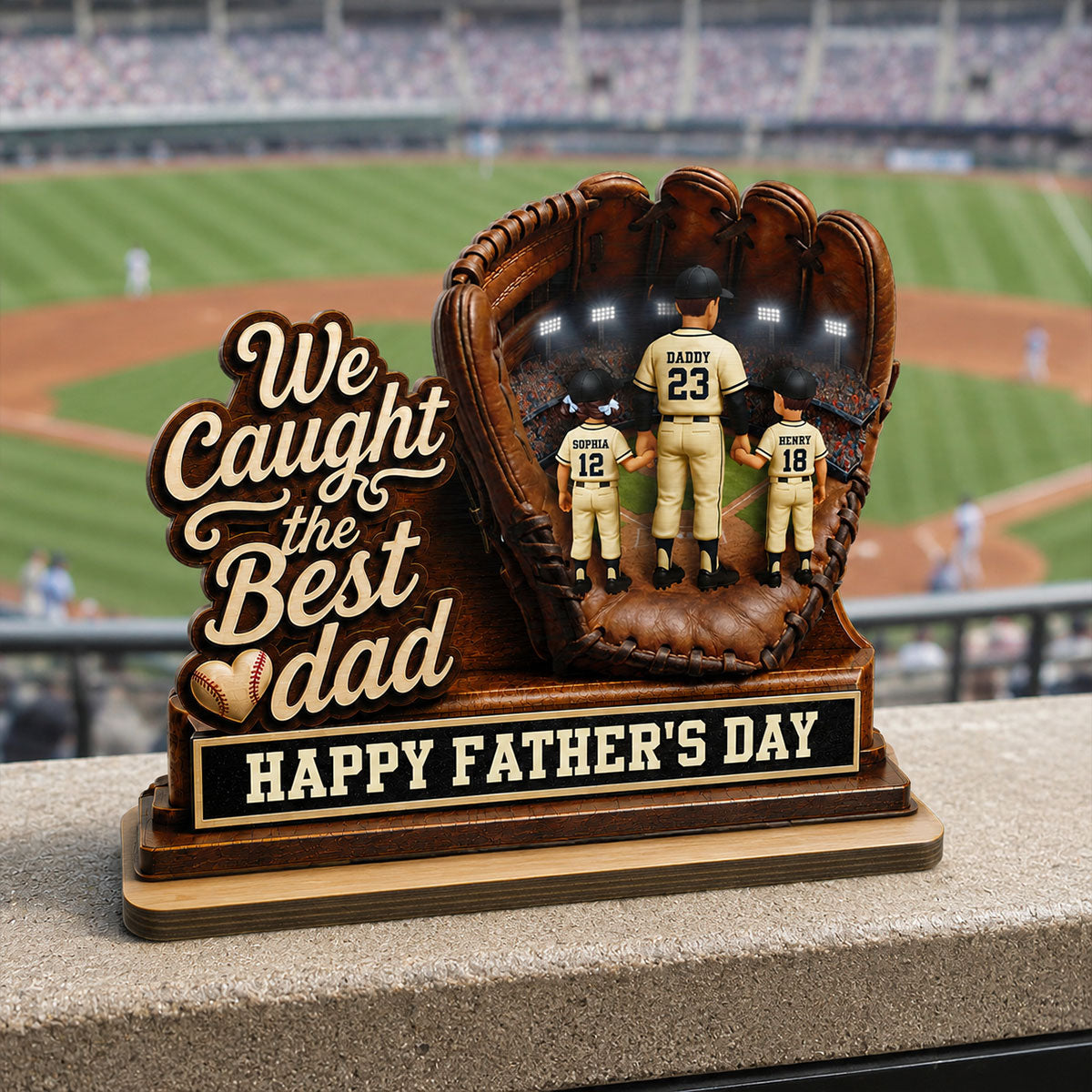 We Caught The Best Grandpa Man & Kids In Glove - Personalized 2-Layered Wooden Plaque - Happy Father's Day For Baseball Grandpa