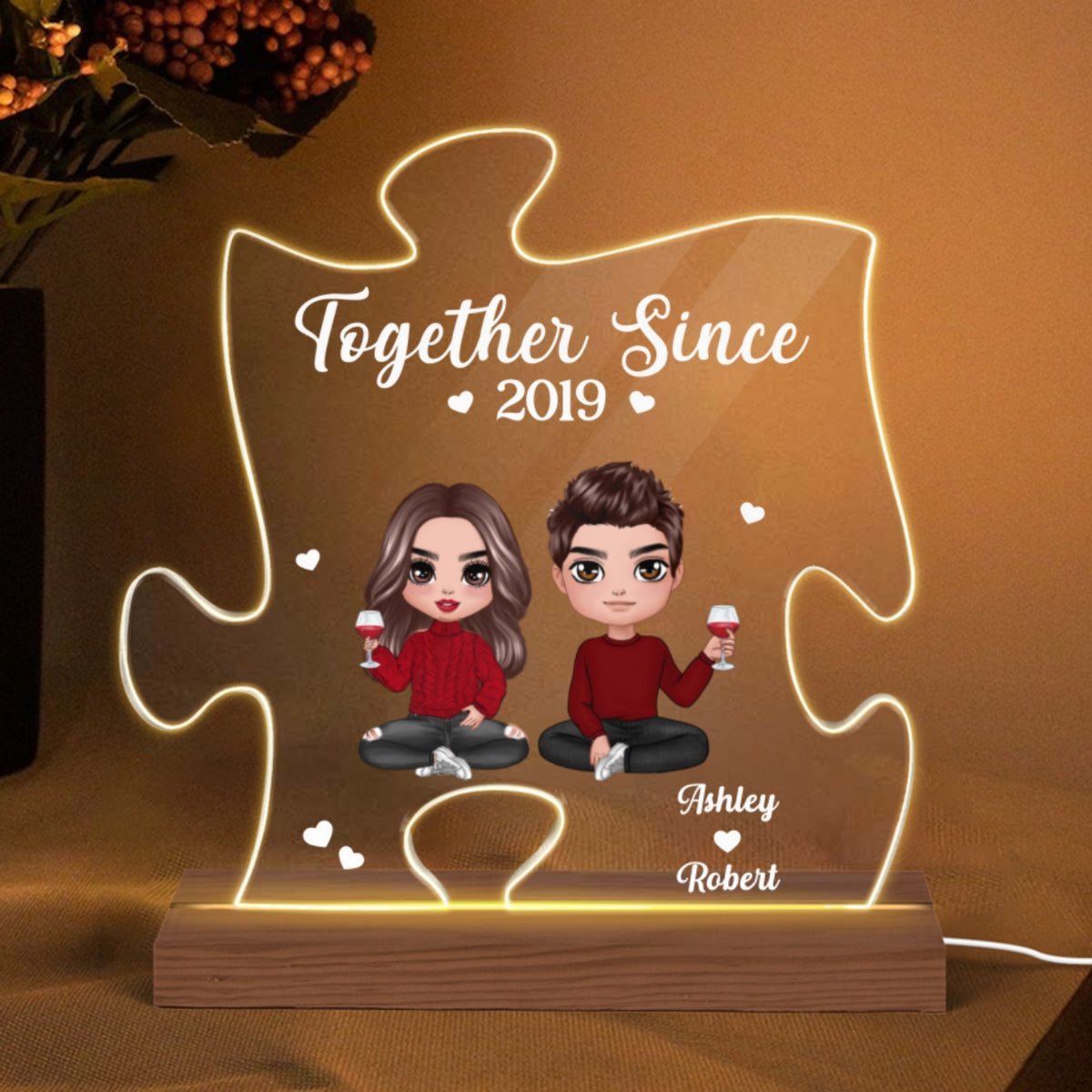 Doll Couple You‘re The Missing Piece Puzzle Shaped Personalized Custom Shape Acrylic Plaque With LED Night Light - Gift For Him - Gift For Her