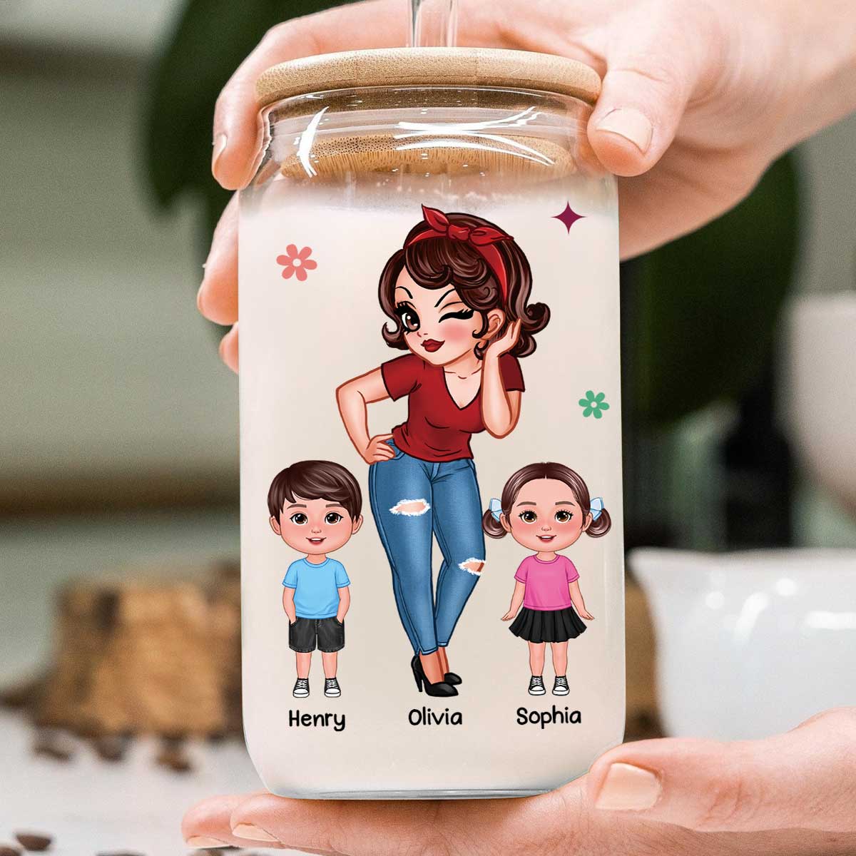 Best Mom Grandma Ever Pretty Woman & Kids Personalized Clear Glass Can