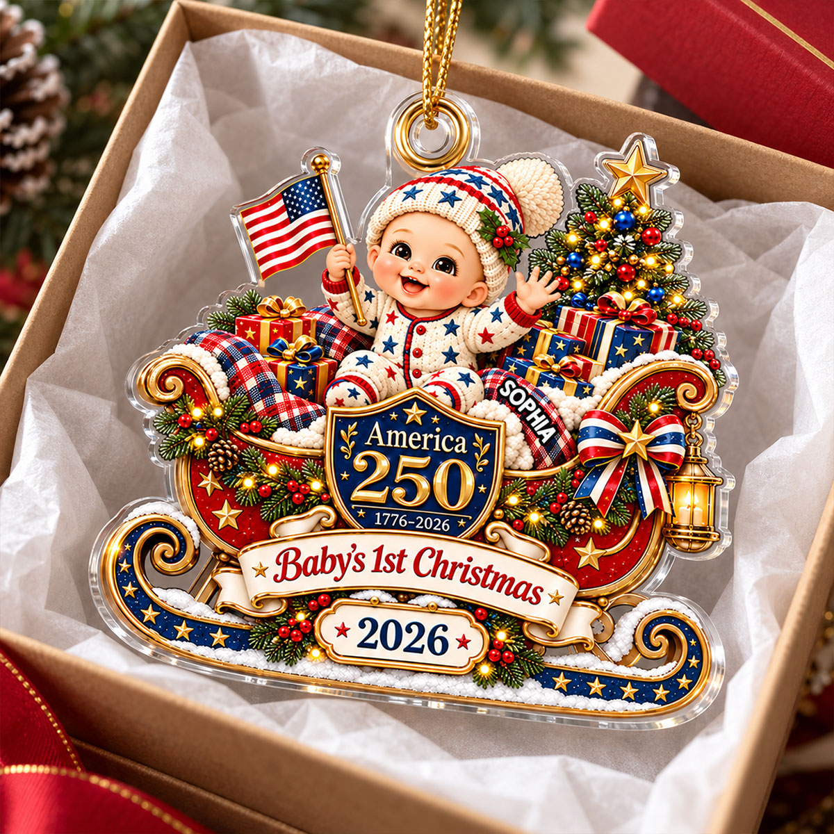 Baby On Sleigh Baby's First Christmas 2D Flat - Personalized Acrylic Ornament - 250th America 1776 - 2026 Anniversary, Patriotic Christmas Decor, Gifts for New Parents