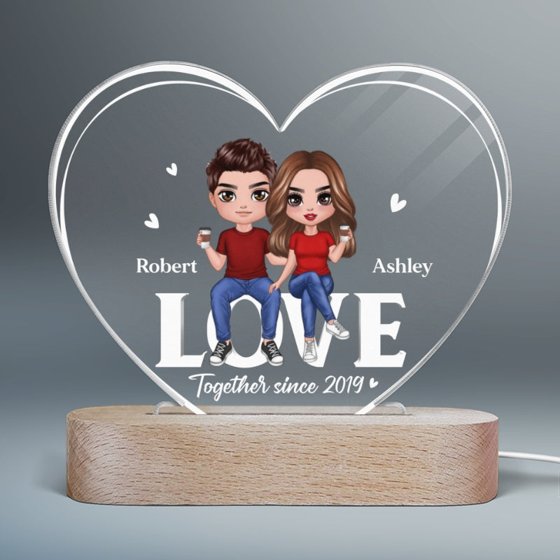 Doll Couple Sitting On Word Love Personalized Heart Plaque with LED Night Light - Valentine‘s Day Gift - Anniversary Gift
