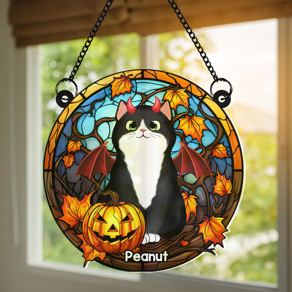 Cat Halloween Personalized Suncatcher, Window Hanger, Halloween Decor