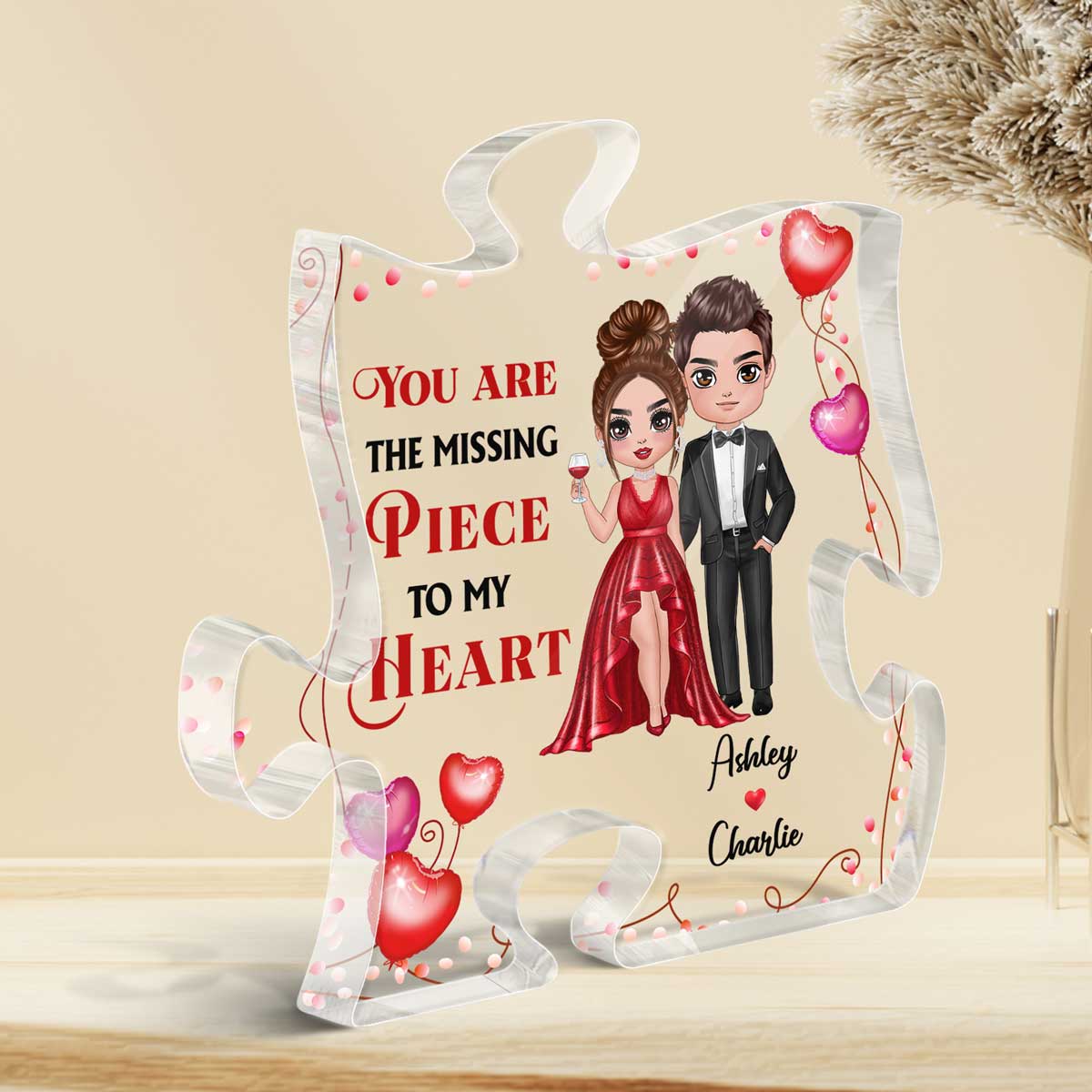 You Are The Missing Piece Dressed Up Doll Couple Heart Balloons Personalized Puzzle Acrylic Plaque - Anniversary Gift For Couple - Gift For Him, Gift For Her