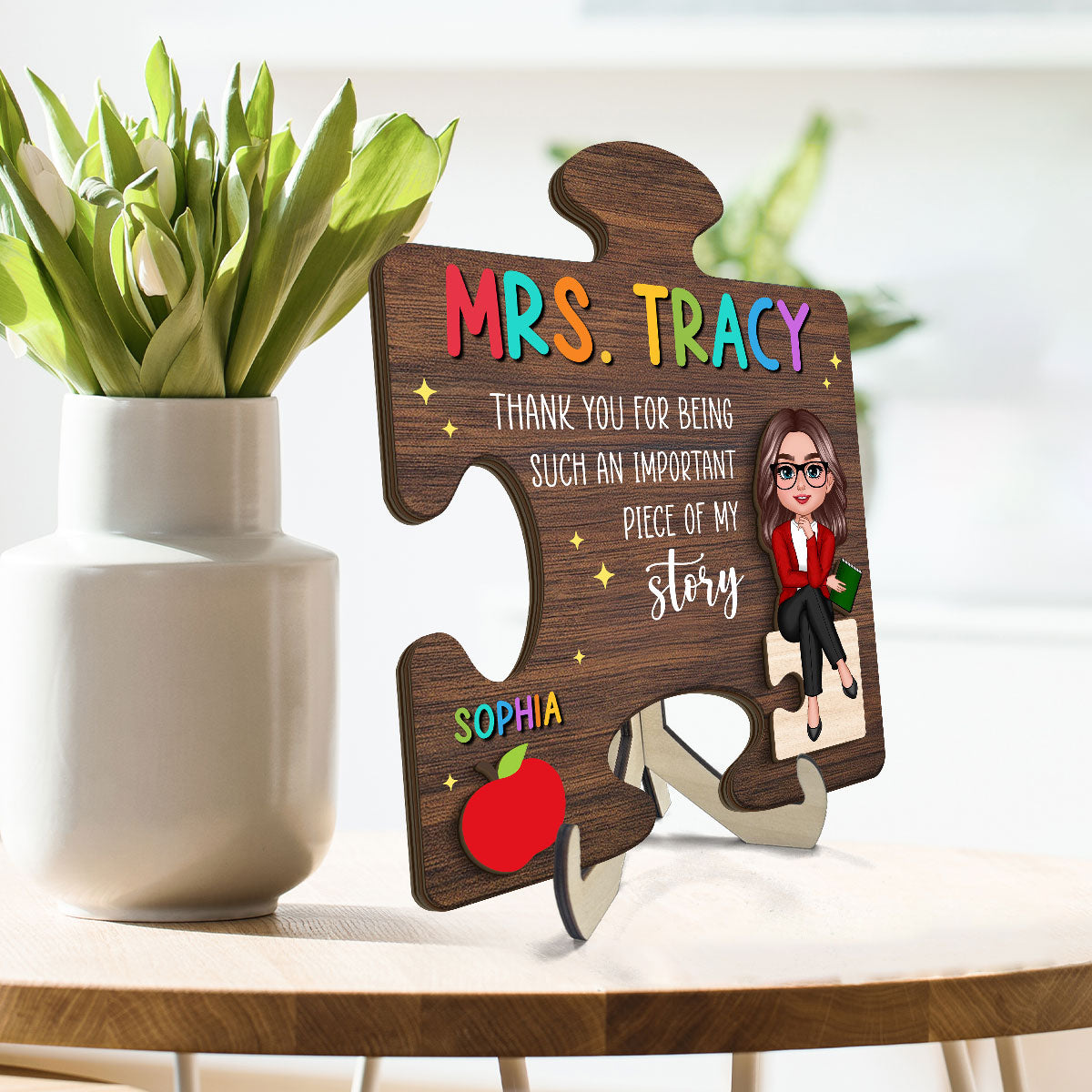 Teacher Thank You For Being Important Piece Of My Story Personalized 2-Layer Wooden Plaque