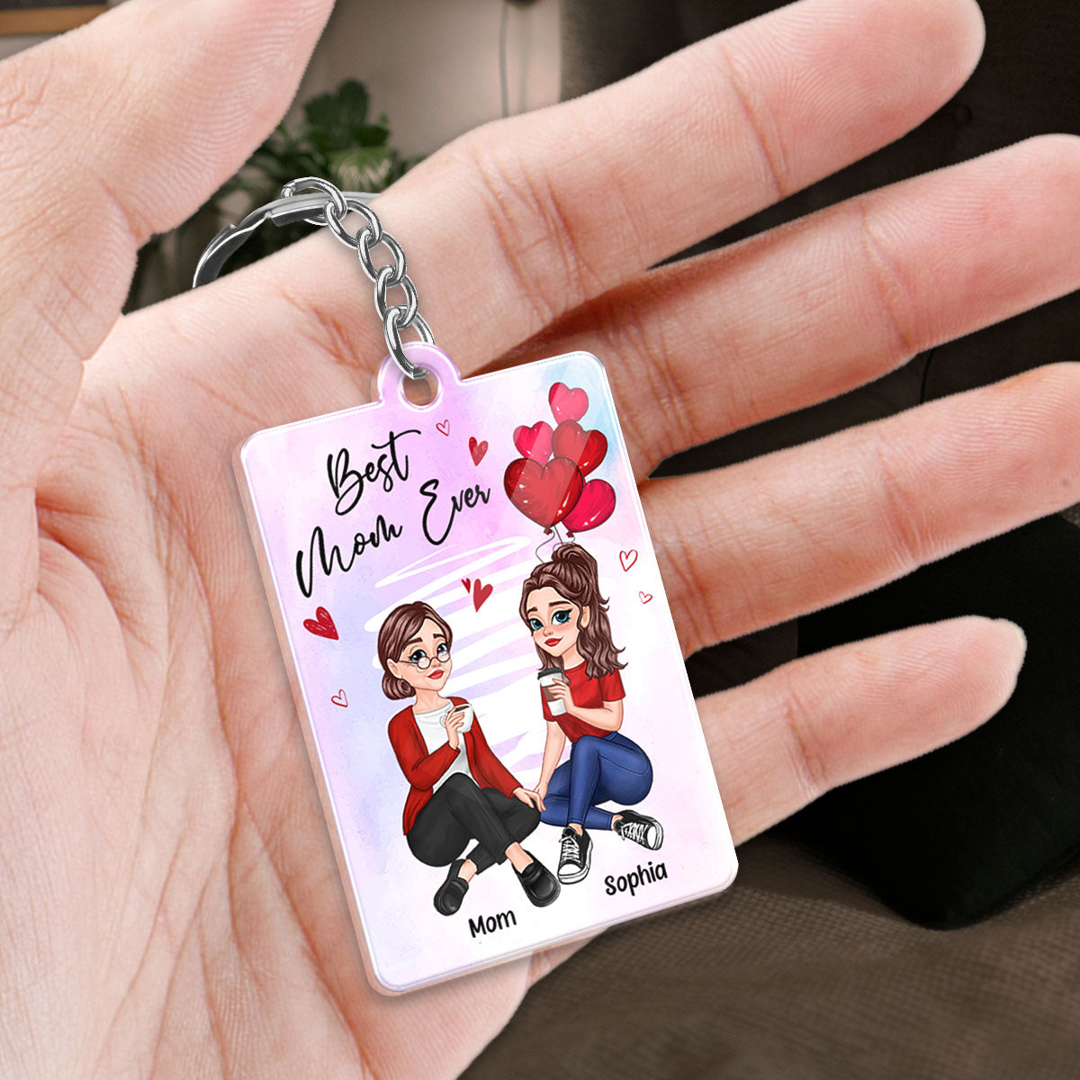 Red Hearts Watercolor Pretty Cartoon Mother Daughter Calendar Date Personalized Acrylic Keychain