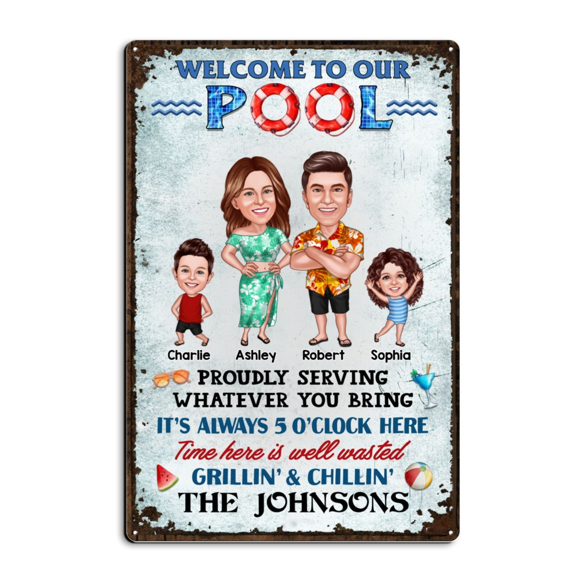Welcome To Our Pool Caricature Family, Summer Swimming Decor, Personalized Metal Sign