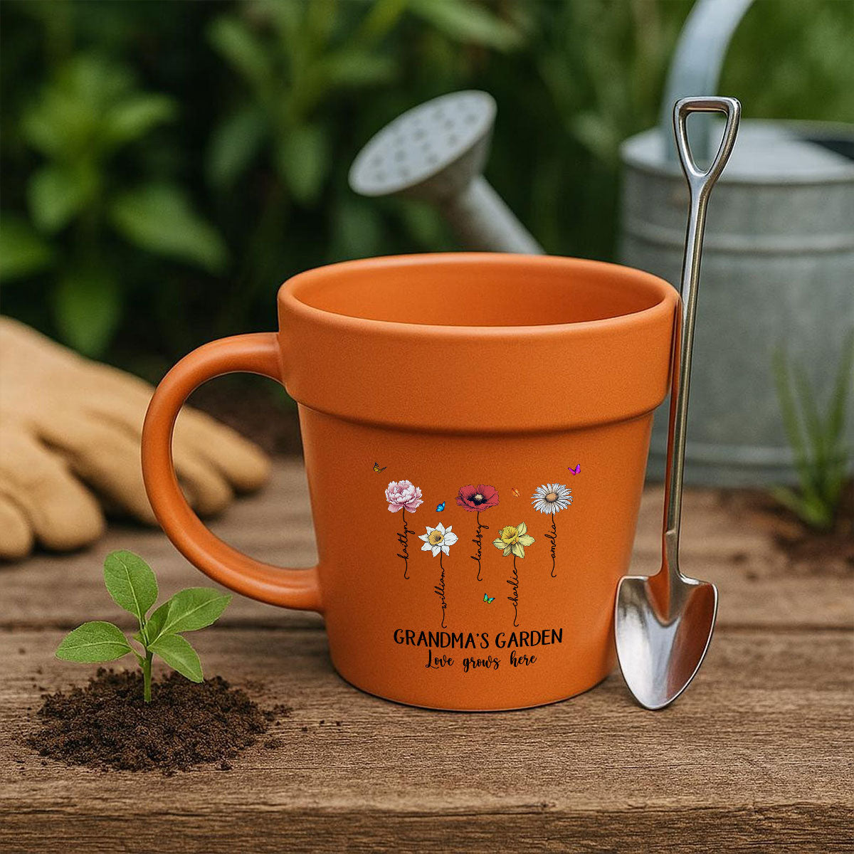 Grandma's Garden Love Grows Here Vintage Birth Month Flower Personalized Plant Pot Ceramic Mug