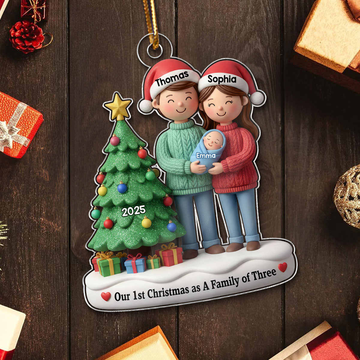 3D Effect First Christmas As Family Of Three Mom Dad & Baby By Tree - Personalized Acrylic Ornament