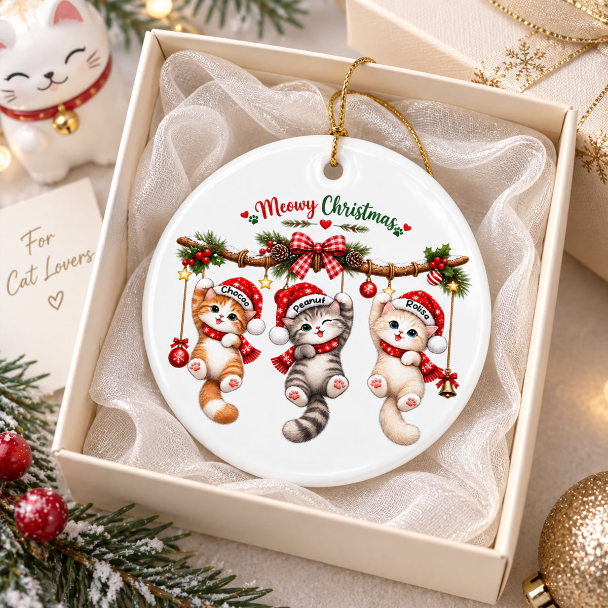 Meowy Christmas Cute Cats Hanging - Personalized Ceramic Ornament - Christmas Gift for Cat Lovers